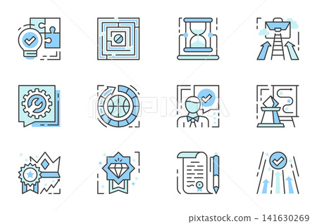 Business elements web icons set in line stroke design. Outline duotone pictogram pack of solution, hourglass, career raise, consulting, tactics, success, premium quality, more. Vector illustration. Business elements web icons set in line stroke design. Outline duotone pictogram pack of solution, hourglass, career raise, consulting, tactics, success, premium quality, more. Vector illustration. 141630269