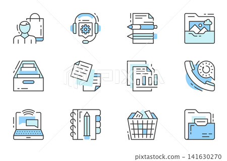 Business essential web icons set in line stroke design. Outline duotone pictogram pack of clients, support, office supply, portfolio, document, communication, contract, more. Vector illustration. 141630270