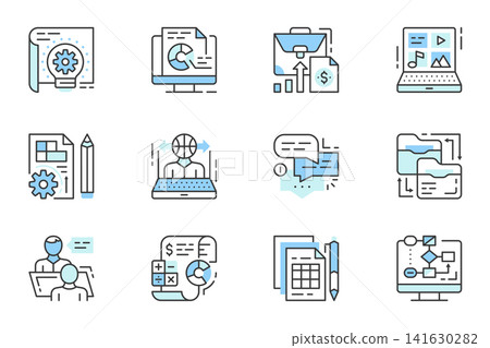 Project management web icons set in line stroke design. Outline duotone pictogram pack of ideas brainstorming, data, business case, content, development, outsource, meeting, more. Vector illustration. Project management web icons set in line stroke design. Outline duotone pictogram pack of ideas brainstorming, data, business case, content, development, outsource, meeting, more. Vector illustration. 141630282