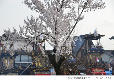 日本愛知縣犬山市:春天的犬山祭,櫻花盛開,在犬山城廣場上可以看到花車和機械木偶。 日本愛知縣犬山市:春天的犬山祭,櫻花盛開,在犬山城廣場上可以看到花車和機械木偶。 141630335