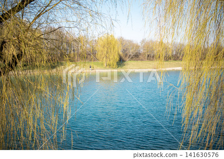 Emmeringer Lake near Fuerstenfeldbruck in Bavaria Germany, calm bathing lake with clear water, green trees and natural shoreline in early spring outdoor recreation landscape Emmeringer Lake near Fuerstenfeldbruck in Bavaria Germany, calm bathing lake with clear water, green trees and natural shoreline in early spring outdoor recreation landscape 141630576