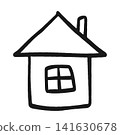 Hand-drawn style black and white line art icon of a house; simple residential illustration. 141630678