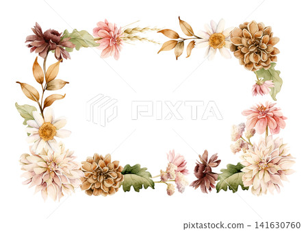 Autumn flowers Frame. Fall plants Dahlia Chrysanthemum Daisy. Watercolor hand drawn floral illustration isolated on white background wedding home textile cosmetic package porcelain crockery template Autumn flowers Frame. Fall plants Dahlia Chrysanthemum Daisy. Watercolor hand drawn floral illustration isolated on white background wedding home textile cosmetic package porcelain crockery template 141630760