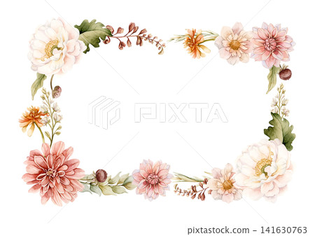 Autumn flower Frame Fall plant Dahlia Chrysanthemum Zinnia. Watercolor hand drawn floral illustration isolated on white background wedding home textile cosmetic package porcelain crockery template Autumn flower Frame Fall plant Dahlia Chrysanthemum Zinnia. Watercolor hand drawn floral illustration isolated on white background wedding home textile cosmetic package porcelain crockery template 141630763
