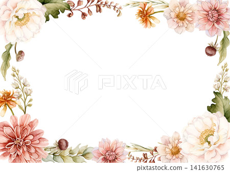 Autumn flower Frame Fall plant Dahlia Chrysanthemum Zinnia. Watercolor hand drawn floral illustration isolated on white background wedding home textile cosmetic package porcelain crockery template Autumn flower Frame Fall plant Dahlia Chrysanthemum Zinnia. Watercolor hand drawn floral illustration isolated on white background wedding home textile cosmetic package porcelain crockery template 141630765