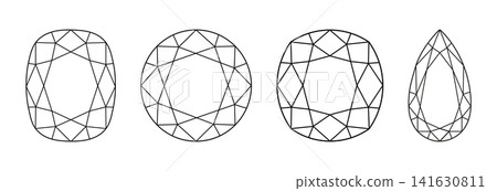 Cushion, Circle, Pear diamond cut shape icon. Design diagram. Set of Pear, Cushion, Circle brilliant cut. Gemstone outline mockup for jewellery design, branding, packaging, logotype, digital graphic. Cushion, Circle, Pear diamond cut shape icon. Design diagram. Set of Pear, Cushion, Circle brilliant cut. Gemstone outline mockup for jewellery design, branding, packaging, logotype, digital graphic. 141630811