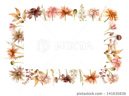 Autumn flower Frame Dahlia Chrysanthemum Aster Echinacea wildflowers. Watercolor hand drawn floral illustration isolated on white background for wedding design home textile cosmetic package template Autumn flower Frame Dahlia Chrysanthemum Aster Echinacea wildflowers. Watercolor hand drawn floral illustration isolated on white background for wedding design home textile cosmetic package template 141630836