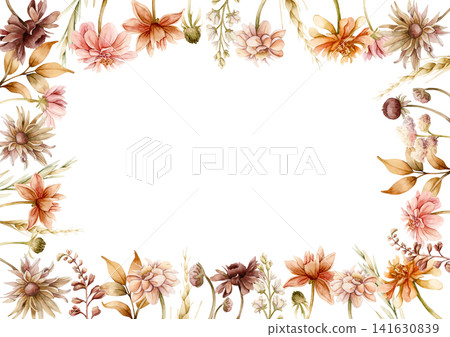 Autumn flower Frame Dahlia Chrysanthemum Aster Echinacea wildflowers. Watercolor hand drawn floral illustration isolated on white background for wedding design home textile cosmetic package template 141630839