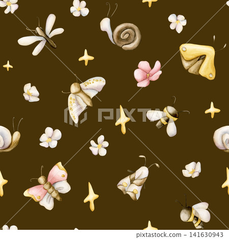 Cute Insects Flower Star Seamless Pattern. Butterfly Bee Dragonfly Moth Snail Watercolor illustration hand painted isolated on brown background for nursery baby kids design summer forest textile print Cute Insects Flower Star Seamless Pattern. Butterfly Bee Dragonfly Moth Snail Watercolor illustration hand painted isolated on brown background for nursery baby kids design summer forest textile print 141630943