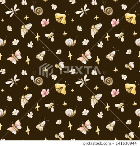 Cute Insects Flower Star Seamless Pattern. Butterfly Bee Dragonfly Moth Snail Watercolor illustration hand painted isolated on dark background for nursery baby kids design summer forest textile print Cute Insects Flower Star Seamless Pattern. Butterfly Bee Dragonfly Moth Snail Watercolor illustration hand painted isolated on dark background for nursery baby kids design summer forest textile print 141630944