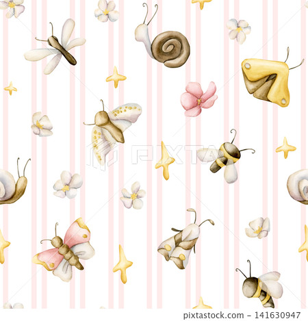Cute Insects Flower Star Pink Striped Seamless Pattern. Butterfly Bee Dragonfly Snail Watercolor illustration hand painted isolated on white background for nursery design summer forest textile print Cute Insects Flower Star Pink Striped Seamless Pattern. Butterfly Bee Dragonfly Snail Watercolor illustration hand painted isolated on white background for nursery design summer forest textile print 141630947