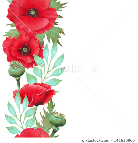 Seamless vertical border. Watercolor illustration of poppy, buds, and seed pods. Wild Poppy Festival. Hand drawn botanical frame. Remembrance Day. Banner for packaging, textiles and printing. 141630960