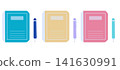 A set of flat illustrations featuring a colorful notebook and pen in stylish shades. 141630991
