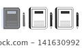 A set of flat illustrations using gray and bluish-white, black and white line art only, and black and white notebooks and pens. 141630992
