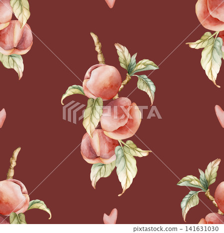 Pink Peaches Seamless Pattern Summer Juicy Ripe Fruits. Watercolor hand drawn floral food illustration isolated on red background for home kitchen table textile fresh fabric print cosmetic package Pink Peaches Seamless Pattern Summer Juicy Ripe Fruits. Watercolor hand drawn floral food illustration isolated on red background for home kitchen table textile fresh fabric print cosmetic package 141631030