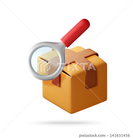 3D Magnifying glass over cardboard box. 3D Magnifying glass over cardboard box. 141631456