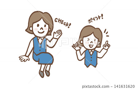 Female staff member guidance and seated pose set with handwritten text: "Point!" and "CHECK!" Female staff member guidance and seated pose set with handwritten text: "Point!" and "CHECK!" 141631620