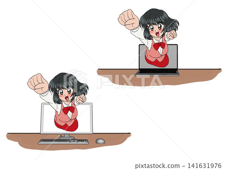 一名女職員從電腦螢幕跳了出來。 一名女職員從電腦螢幕跳了出來。 141631976