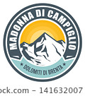 Madonna di Campiglio, Italy, Dolomites, emblem or label with snow-covered mountains, vector 141632007