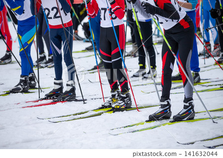 Group man athletes skiers in starting line Group man athletes skiers in starting line 141632044