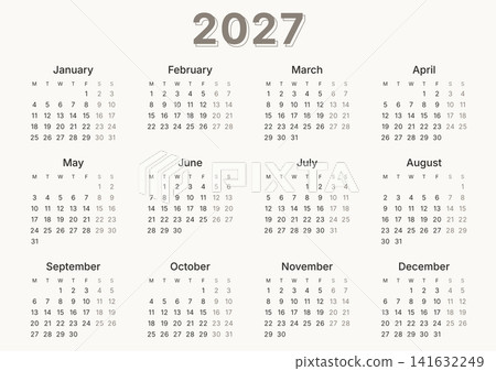 Calendar 2027 year template with elegant minimalist grid starting on Monday. Vector. Calendar 2027 year template with elegant minimalist grid starting on Monday. Vector. 141632249