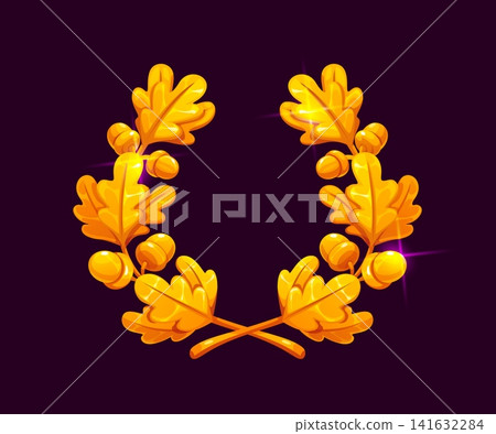 Heraldic golden laurel and oak wreath, golden sport trophy award. Ornate ceremonial wreath featuring detailed golden oak leaves and acorns with shiny highlights. Vector symbol for competition awards Heraldic golden laurel and oak wreath, golden sport trophy award. Ornate ceremonial wreath featuring detailed golden oak leaves and acorns with shiny highlights. Vector symbol for competition awards 141632284