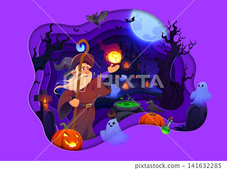 Halloween paper cut holiday banner with old wizard for trick or treat holiday, cartoon vector banner. Halloween sorcerer with magic cane and spell, boo ghosts and pumpkin lanterns in paper cut frame Halloween paper cut holiday banner with old wizard for trick or treat holiday, cartoon vector banner. Halloween sorcerer with magic cane and spell, boo ghosts and pumpkin lanterns in paper cut frame 141632285