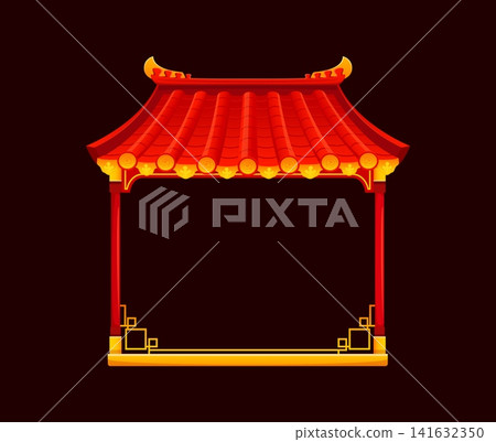 Chinese roof or pagoda gate frame of Japanese temple in Chinatown with red arch borders. Japan or China entrance gate of Asian Oriental shrine house frame of palace for design element border Chinese roof or pagoda gate frame of Japanese temple in Chinatown with red arch borders. Japan or China entrance gate of Asian Oriental shrine house frame of palace for design element border 141632350