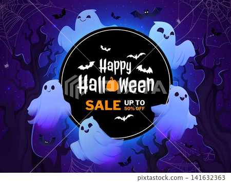 Happy Halloween sale offer and scary discount banner with eerie ghosts, vector promo poster. Halloween holiday sale banner with funny spooky boo ghosts, bats and pumpkin in haunted night forest Happy Halloween sale offer and scary discount banner with eerie ghosts, vector promo poster. Halloween holiday sale banner with funny spooky boo ghosts, bats and pumpkin in haunted night forest 141632363