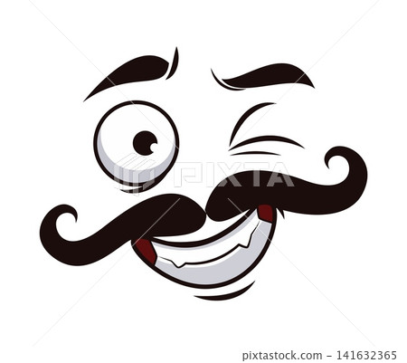 Happy face with winking eye of cheer emotion or flirt expression for cartoon emoji with mustaches. Funny cute face emoticon with cheerful glad look of felling cool or good vibe and positive mood Happy face with winking eye of cheer emotion or flirt expression for cartoon emoji with mustaches. Funny cute face emoticon with cheerful glad look of felling cool or good vibe and positive mood 141632365