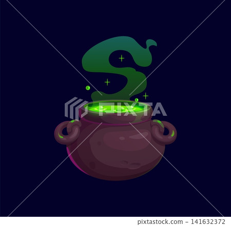 Cartoon Halloween funny witch cauldron with brew. A cartoon witch pot bubbling with vibrant green potion, releasing steam and bubbles. Whimsical vector icon for Halloween party, magical game Cartoon Halloween funny witch cauldron with brew. A cartoon witch pot bubbling with vibrant green potion, releasing steam and bubbles. Whimsical vector icon for Halloween party, magical game 141632372