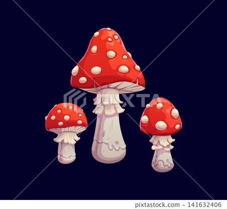 Halloween cartoon amanita mushrooms. Playful cartoon fly agaric mushrooms with bright red caps and white spots. Whimsical, spooky vector fungi for Halloween party decorations, magical forest game Halloween cartoon amanita mushrooms. Playful cartoon fly agaric mushrooms with bright red caps and white spots. Whimsical, spooky vector fungi for Halloween party decorations, magical forest game 141632406