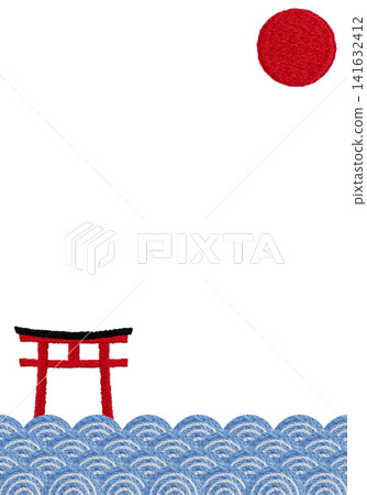 【豎框,飾以鳥居、太陽和波浪圖案】手工刺繡插畫材料 【豎框,飾以鳥居、太陽和波浪圖案】手工刺繡插畫材料 141632412