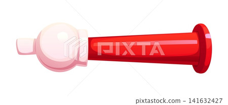 Cartoon loud stadium air horn icon for European football soccer game. Vibrant red plastic trumpet body connected to white squeeze bulb mechanism for sports fan celebration or football match graphics Cartoon loud stadium air horn icon for European football soccer game. Vibrant red plastic trumpet body connected to white squeeze bulb mechanism for sports fan celebration or football match graphics 141632427