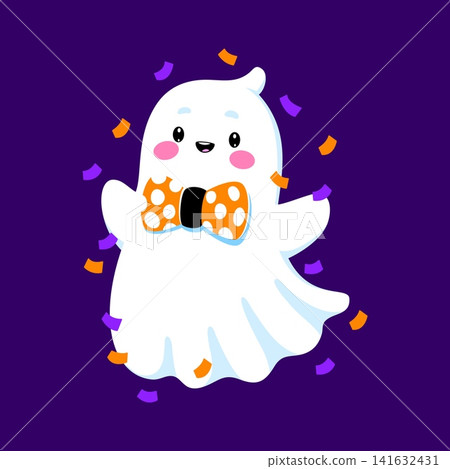 Smiling ghost character wearing bright bow tie and dancing in orange and purple confetti. Funny vector personage for Halloween greeting card and holiday party. 141632431