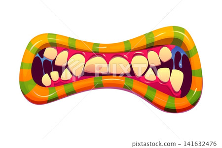 Cartoon Halloween monster jaw with orange and green striped glossy lips and uneven yellow sharp teeth. Pink gums and dripping saliva for Halloween grotesque creepy character face. Vector monster mouth Cartoon Halloween monster jaw with orange and green striped glossy lips and uneven yellow sharp teeth. Pink gums and dripping saliva for Halloween grotesque creepy character face. Vector monster mouth 141632476