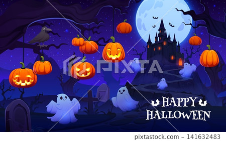 Happy Halloween greeting card with scared ghosts, dark castle and pumpkin lanterns. Vector card with old tree hung with glowing jack o lanterns. Scary flying ghosts and bats over cemetery and castle Happy Halloween greeting card with scared ghosts, dark castle and pumpkin lanterns. Vector card with old tree hung with glowing jack o lanterns. Scary flying ghosts and bats over cemetery and castle 141632483