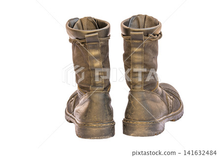 Worn Combat Boots Isolated on White Background Worn Combat Boots Isolated on White Background 141632484