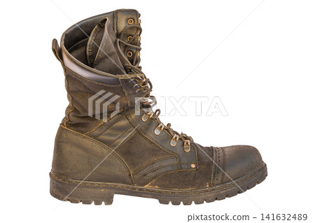 Worn Black Combat Boot Isolated on White Background Worn Black Combat Boot Isolated on White Background 141632489