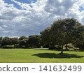 A park scene with a summer sky and lush green lawns. 141632499