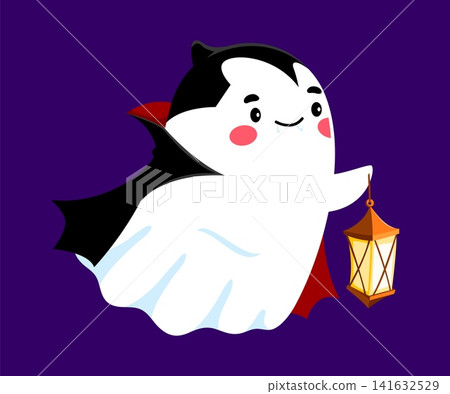 Funny little kawaii Dracula ghost with red cheeks, fangs, black cape and lantern. Smiling vampire ghost character flying in the dark on Halloween. Vector vampire ghost holding glowing lantern Funny little kawaii Dracula ghost with red cheeks, fangs, black cape and lantern. Smiling vampire ghost character flying in the dark on Halloween. Vector vampire ghost holding glowing lantern 141632529