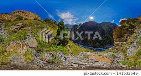 Rugged Mountain Gorge with River in Kyrgyzstan, 360 Panorama Rugged Mountain Gorge with River in Kyrgyzstan, 360 Panorama 141632549