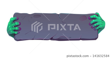 Halloween monster hands and paws with banner and board. Green zombie claws with purple nails gripping cracked stone banner with empty space for text. Vector icon for Halloween posters or invitations Halloween monster hands and paws with banner and board. Green zombie claws with purple nails gripping cracked stone banner with empty space for text. Vector icon for Halloween posters or invitations 141632584