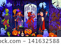Halloween scary characters collage of green zombie, red devil, spooky witch with cauldron, vampire and werewolf, jack o lanterns, skeleton skulls and flying ghosts. Halloween holiday vector characters 141632588