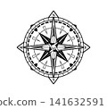 Vintage geography map and ship compass rose or wind star for marine navigation. Compass windrose with direction arrows for nautical cartography and antique ancient sailing travel in woodcut design 141632591