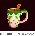 Mexican drink or Champurrado chocolate dessert beverage in cup with cinnamon sticks. Mexican traditional champurrado or atole sweet drink of chocolate cocoa dessert beverage in porcelain ceramic mug 141632592