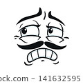 Discontent scorn face emoji with mustaches and upset emotion for emoticon icon. Sarcastic look of disappointed or displeased face expression for smile emoji or cartoon emoticon face with moustaches 141632595