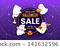 Happy Halloween sale banner with cute kawaii ghosts holding pumpkins, candles, and candy buckets. Vector circle with text on purple background with cobwebs and spiders for retail promotions 141632596