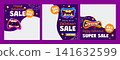 Happy Halloween sale banner templates with scary cartoon monster mouths showing sharp teeth and drool. Cartoon promotional banners with cobwebs, stars and discount badges for social media marketing 141632599