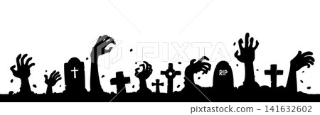 Zombie hands and tombstone silhouettes on Halloween graveyard landscape. Black haunted graveyard with crooked tombstones and weathered crosses. Spooky vector landscape, horror party invitation 141632602
